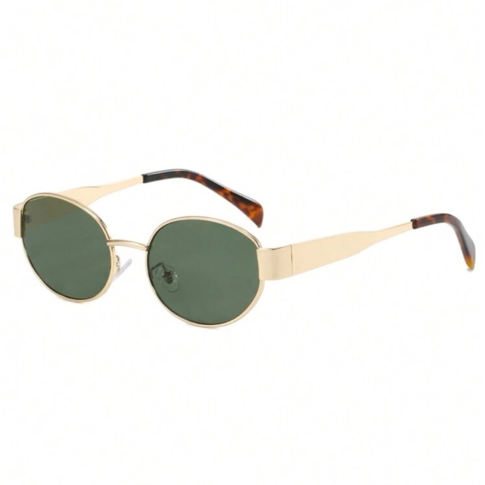 Retro Oval Green Lens Sunglasses in Metal Gold OS New